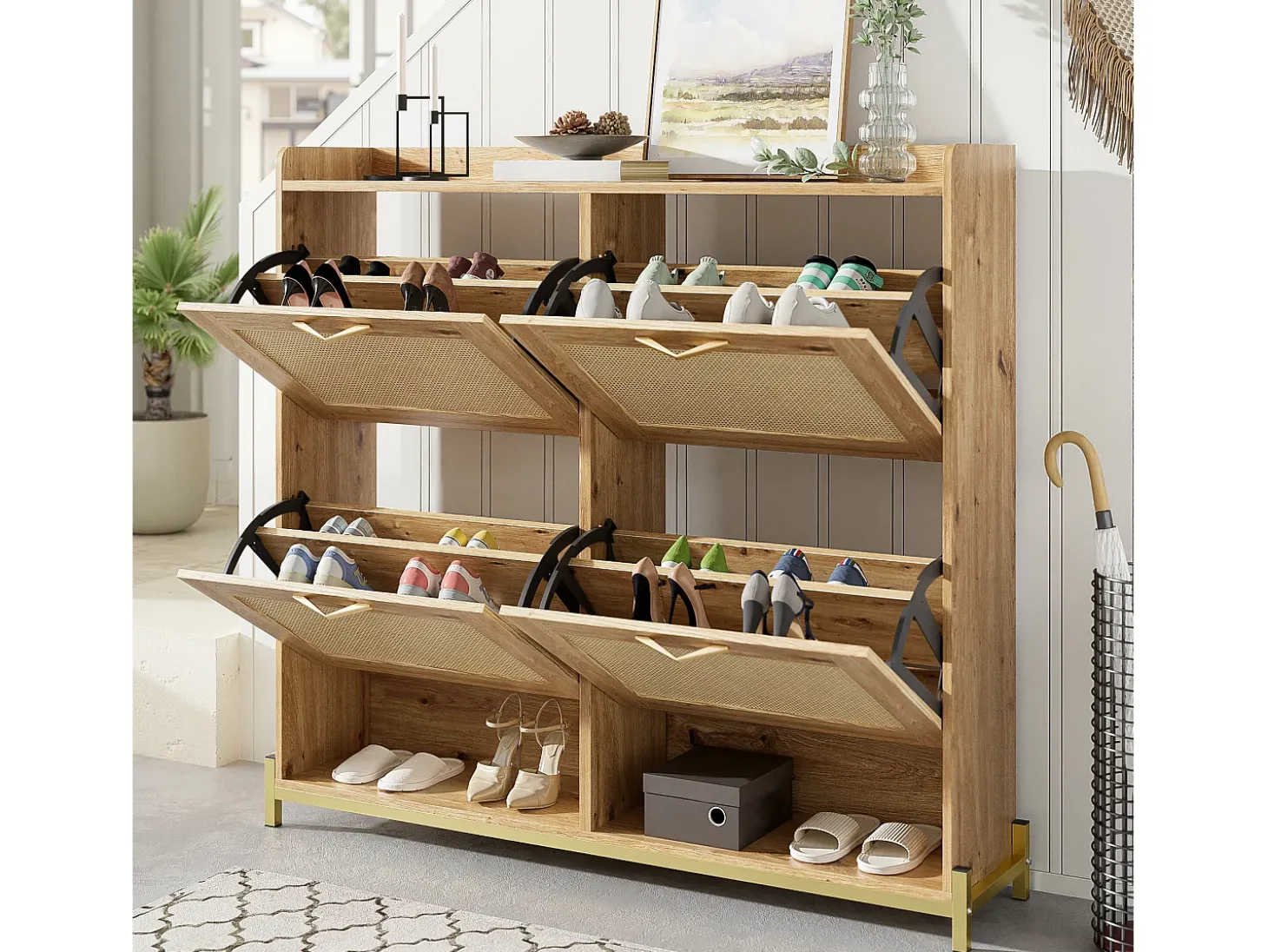 Móvel para sapatos moderno - com portas de rattan - 4 portas - estrutura metálica - natural