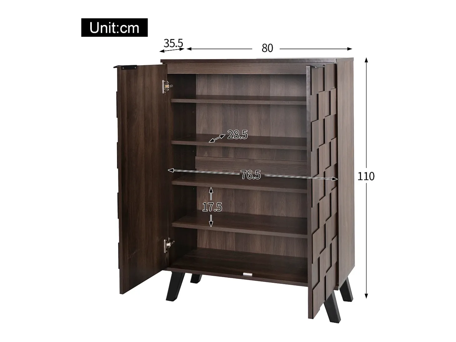Móvel para sapatos moderno 80x35x110cm - 2 portas - 5 compartimentos - Prateleiras ajustáveis - Acabamento imitação madeira - Marrom