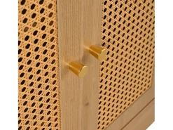 Móvel para sapatos multifuncional 142x35x110cm - con um assento acolchoado - con 3 portas de rattan e 1 gaveta - Natural