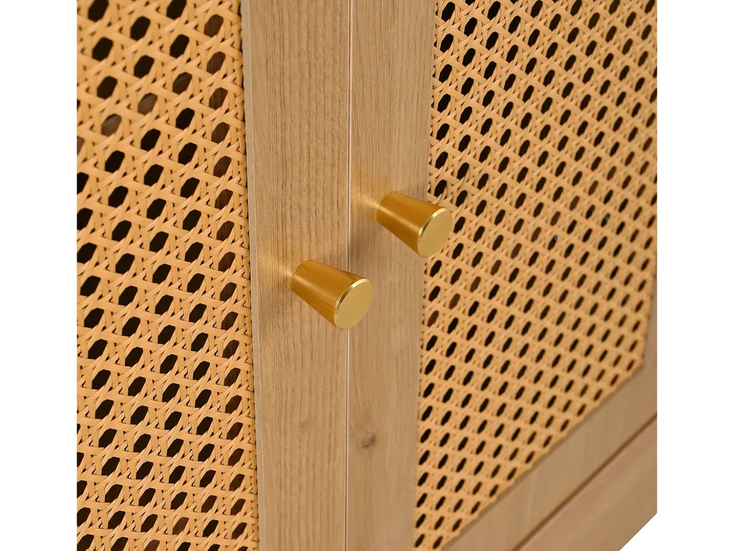 Móvel para sapatos multifuncional 142x35x110cm - con um assento acolchoado - con 3 portas de rattan e 1 gaveta - Natural