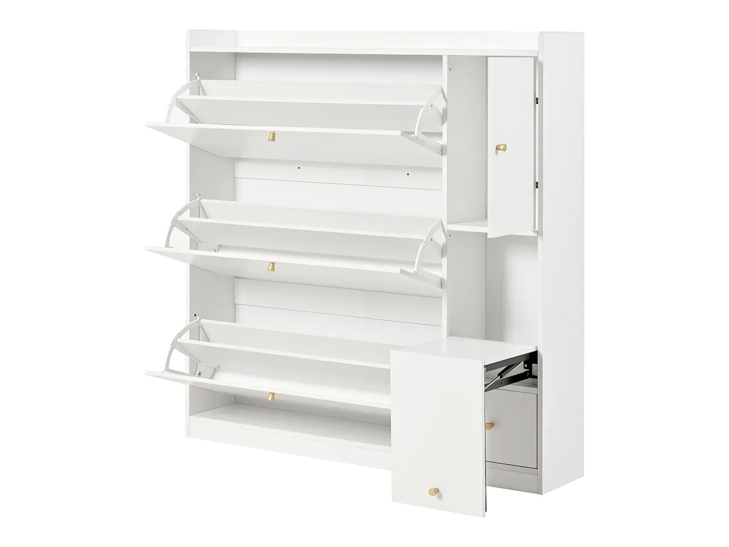 Móvel para sapatos multifuncional 119x24x122 cm - com 3 gavetas dobráveis - com banco dobrável - com uma porta - branco