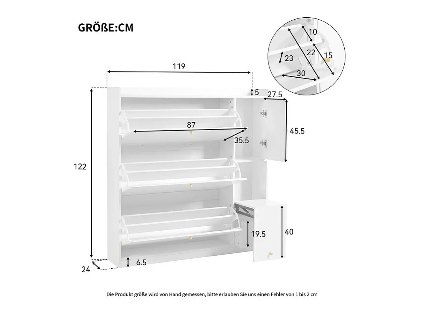 Móvel para sapatos multifuncional 119x24x122 cm - com 3 gavetas dobráveis - com banco dobrável - com uma porta - branco