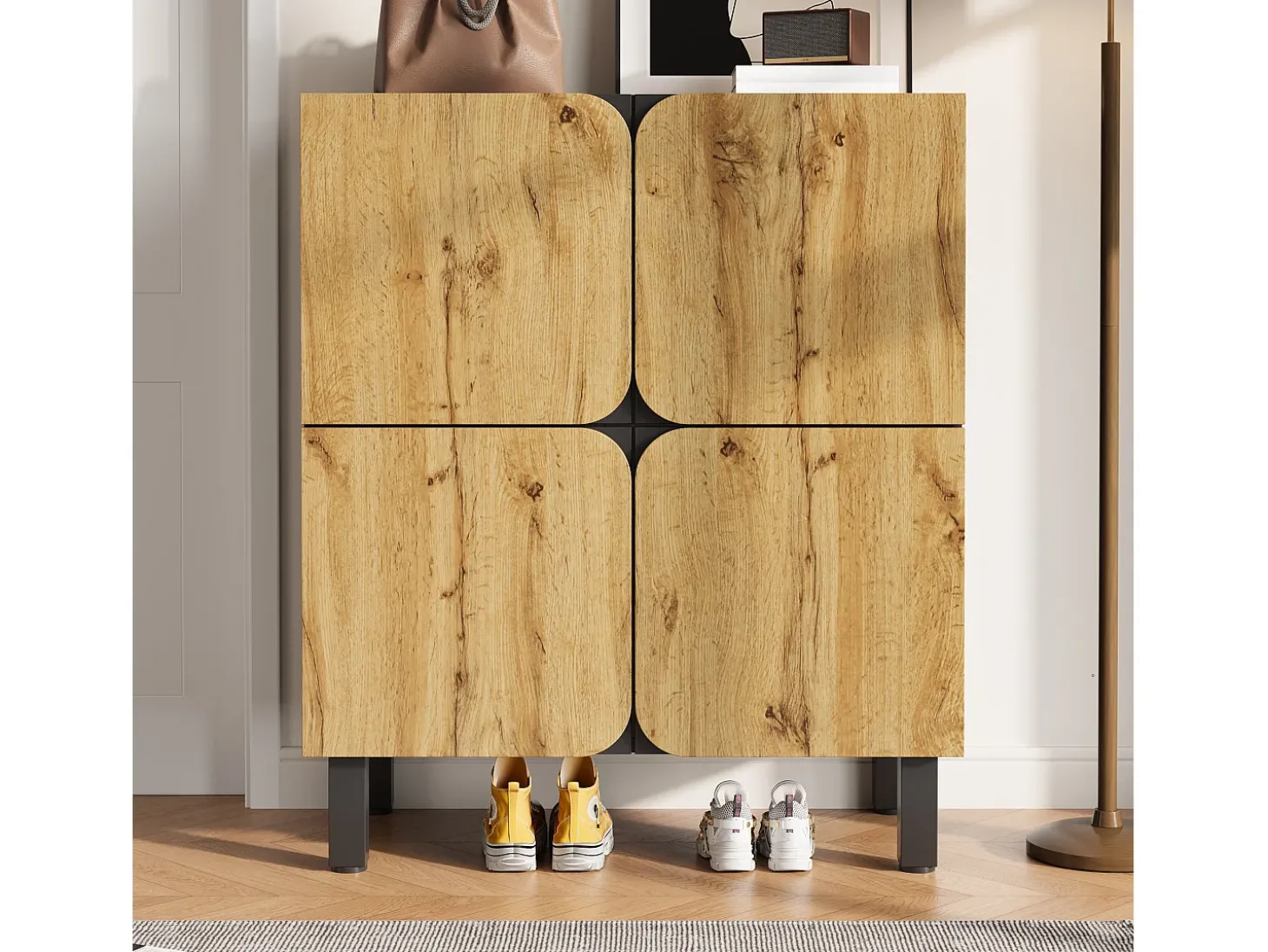 Móvel para sapatos 80x38,5x95 cm - con 4 portas - Prateleiras ajustáveis - Pés de ferro preto - Natural e preto