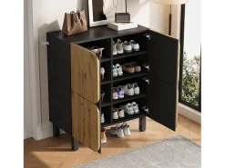 Móvel para sapatos 80x38,5x95 cm - con 4 portas - Prateleiras ajustáveis - Pés de ferro preto - Natural e preto