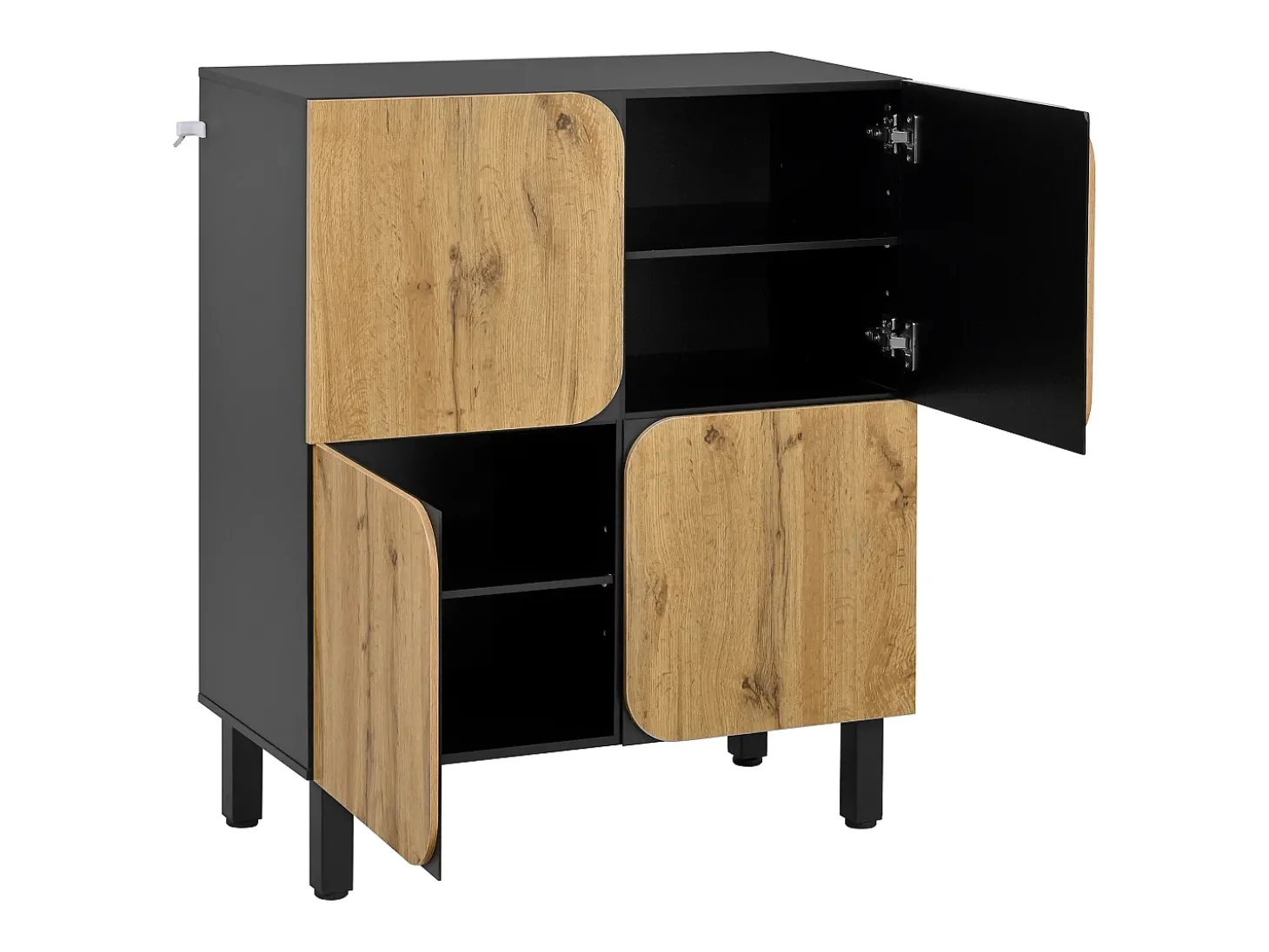 Móvel para sapatos 80x38,5x95 cm - con 4 portas - Prateleiras ajustáveis - Pés de ferro preto - Natural e preto