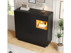 Móvel para sapatos 105x39.5x100.5 cm - 1 gaveta e 3 portas - com iluminação LED - com prateleiras ajustáveis - Preto e natural