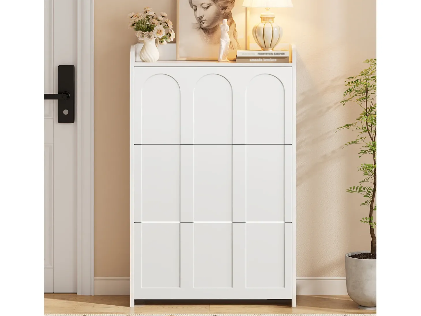 Móvel para sapatos 70x25x120 cm - con 6 compartimentos - 3 portas basculantes - MDF - Branco