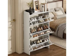 Móvel para sapatos 70x25x120 cm - con 6 compartimentos - 3 portas basculantes - MDF - Branco