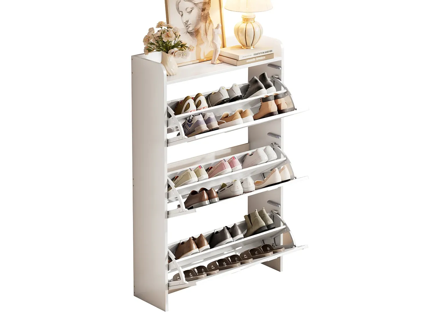 Móvel para sapatos 70x25x120 cm - con 6 compartimentos - 3 portas basculantes - MDF - Branco