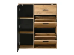 Móvel para sapatos 80x24x95.5 cm - com 2 portas basculantes - com 1 gaveta e 1 porta - Natural + Preto