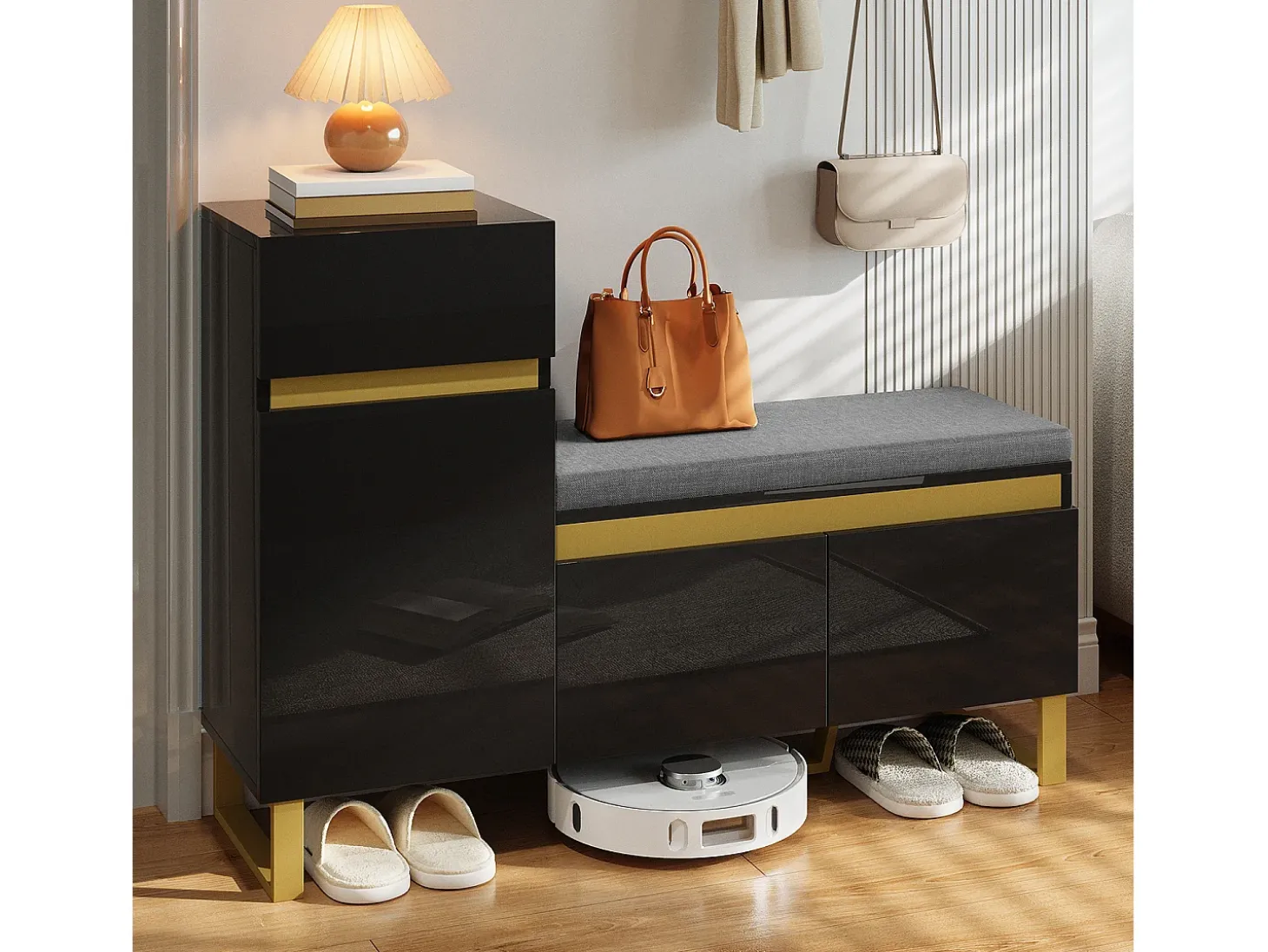 Móvel para sapatos 120x35x85 cm - 1 gaveta e 3 portas - com banco de sapatos acolchoado - Preto