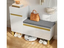 Móvel para sapatos 120x35x85 cm - 1 gaveta e 3 portas - com banco de sapatos acolchoado - Branco