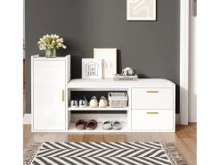 Móvel para sapatos 128x30x68 cm - com 2 gavetas e 1 porta - com banco para calçado - Acabamento brilhante - Branco