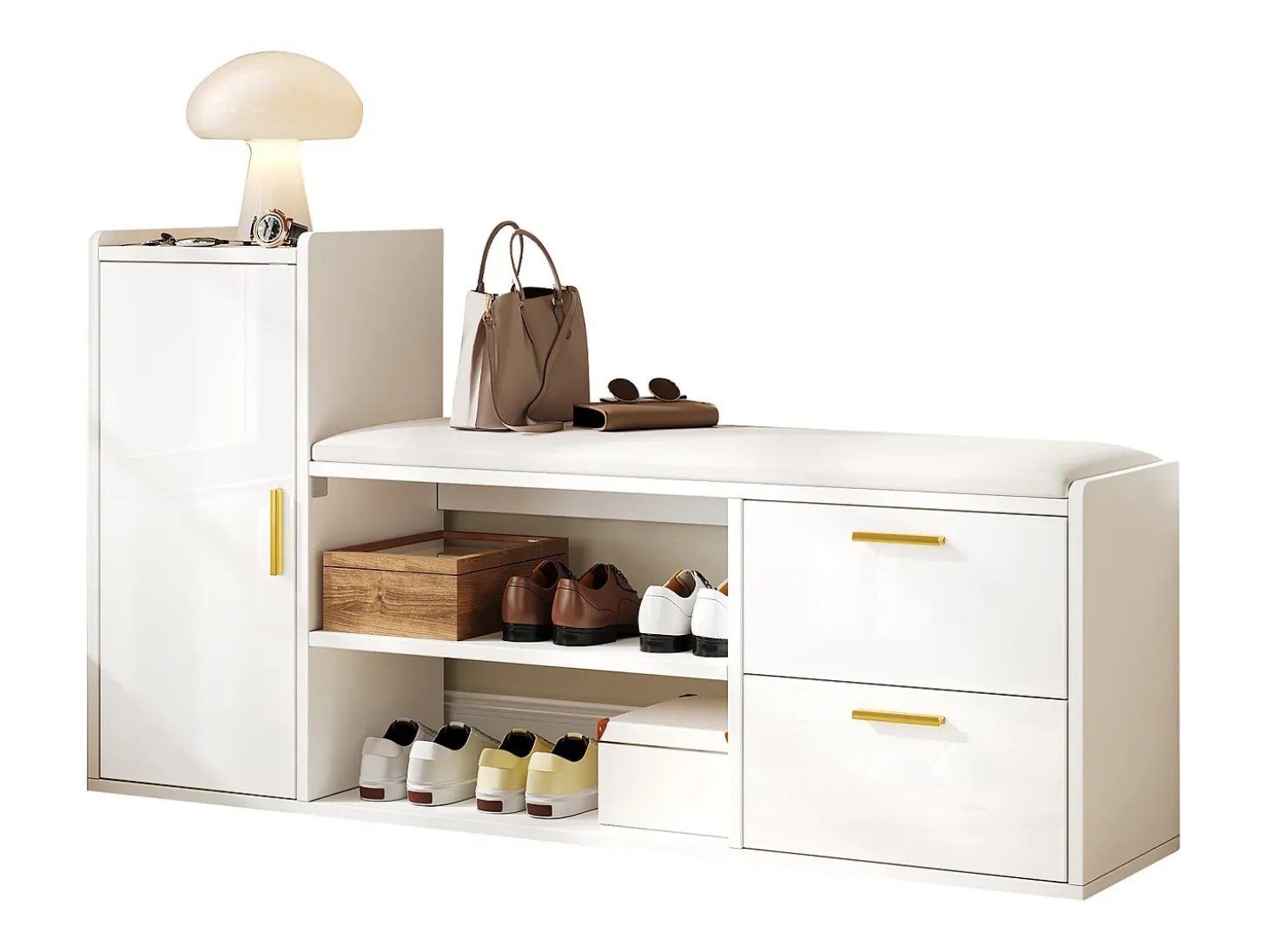 Móvel para sapatos 128x30x68 cm - com 2 gavetas e 1 porta - com banco para calçado - Acabamento brilhante - Branco