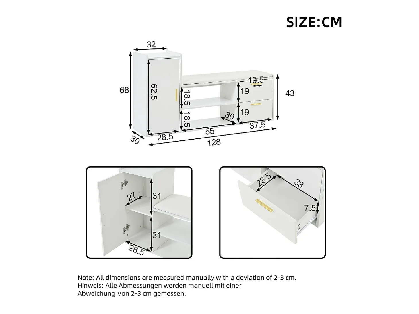 Móvel para sapatos 128x30x68 cm - com 2 gavetas e 1 porta - com banco para calçado - Acabamento brilhante - Branco