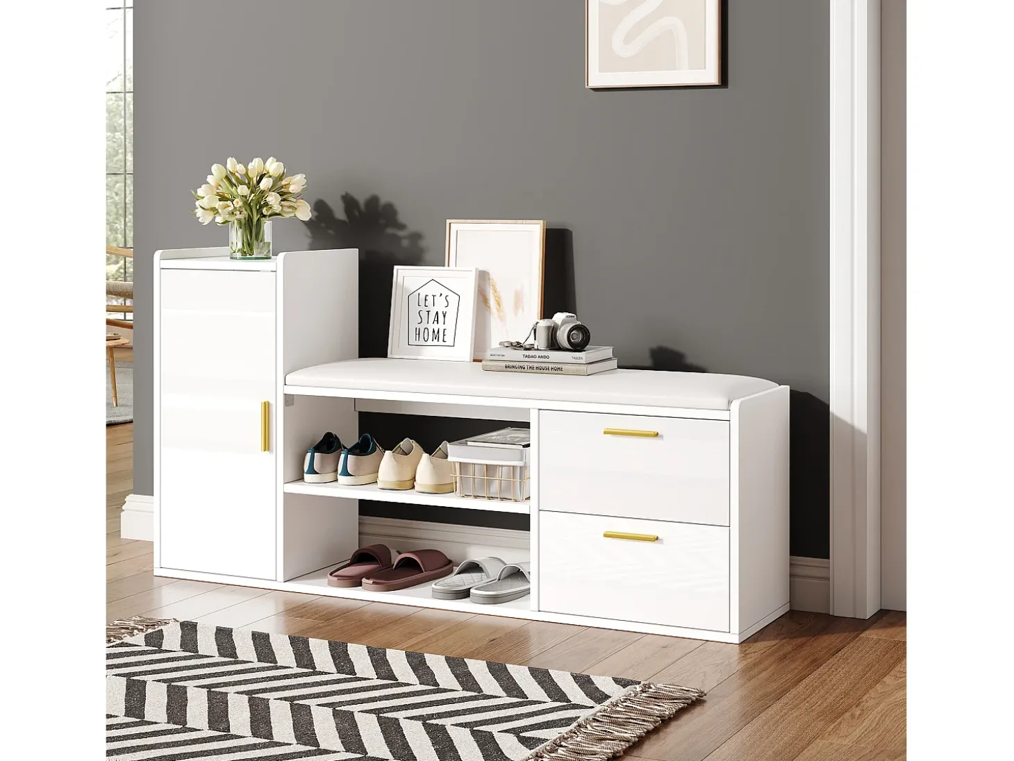 Móvel para sapatos 128x30x68 cm - com 2 gavetas e 1 porta - com banco para calçado - Acabamento brilhante - Branco