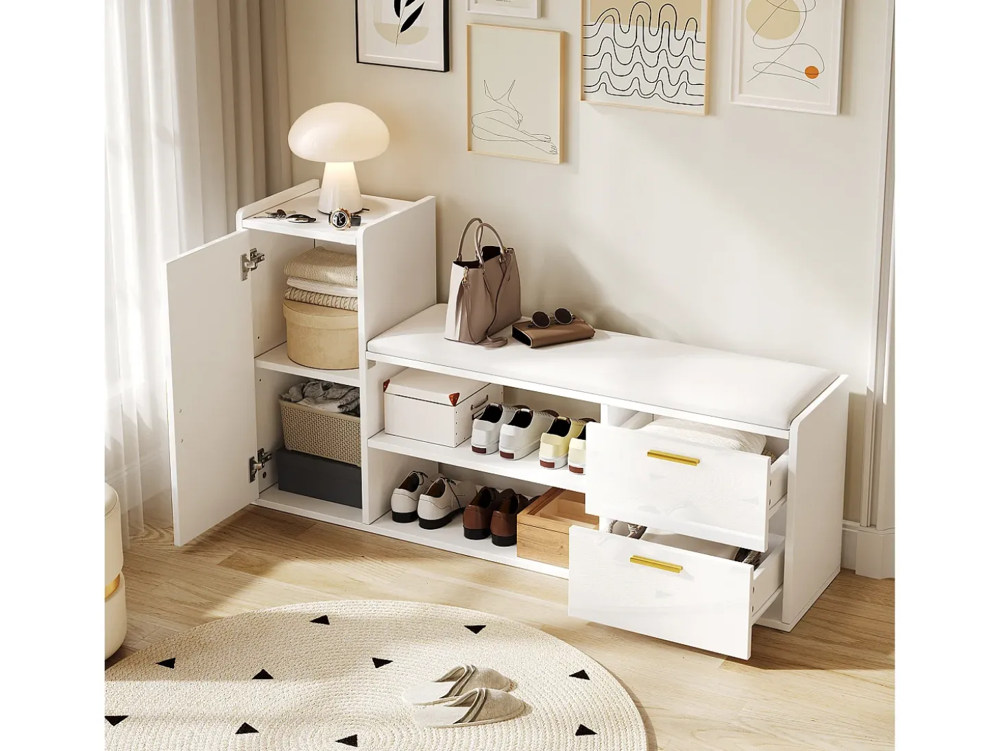 Móvel para sapatos 128x30x68 cm - com 2 gavetas e 1 porta - com banco para calçado - Acabamento brilhante - Branco