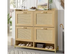 Móvel para sapatos 108.5x24x100 cm - com 4 portas de rattan - Estrutura de metal - MDF - Natural
