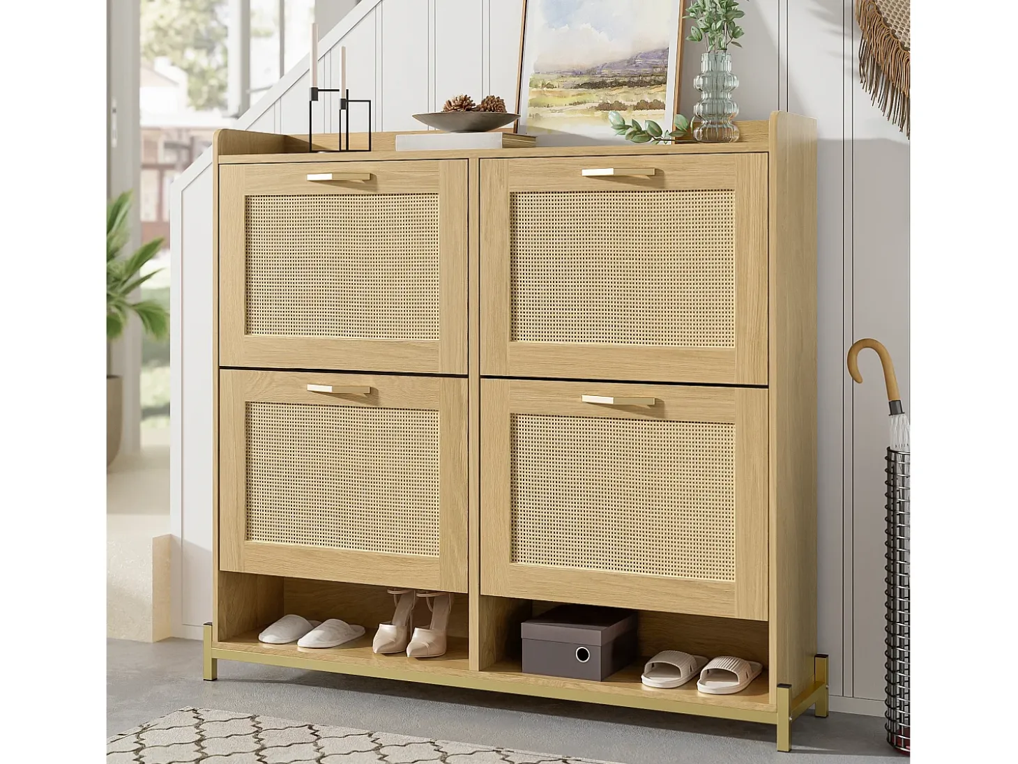 Móvel para sapatos 108.5x24x100 cm - com 4 portas de rattan - Estrutura de metal - MDF - Natural