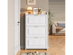 Móvel para sapatos 70x24x120 cm - 3 portas basculantes - 6 compartimentos - MDF e painéis de partículas - Branco