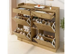 Móvel para sapatos 110x26x100 cm - 4 portas basculantes, 2 gavetas e 3 prateleiras abertas - Painéis de partículas - Natural