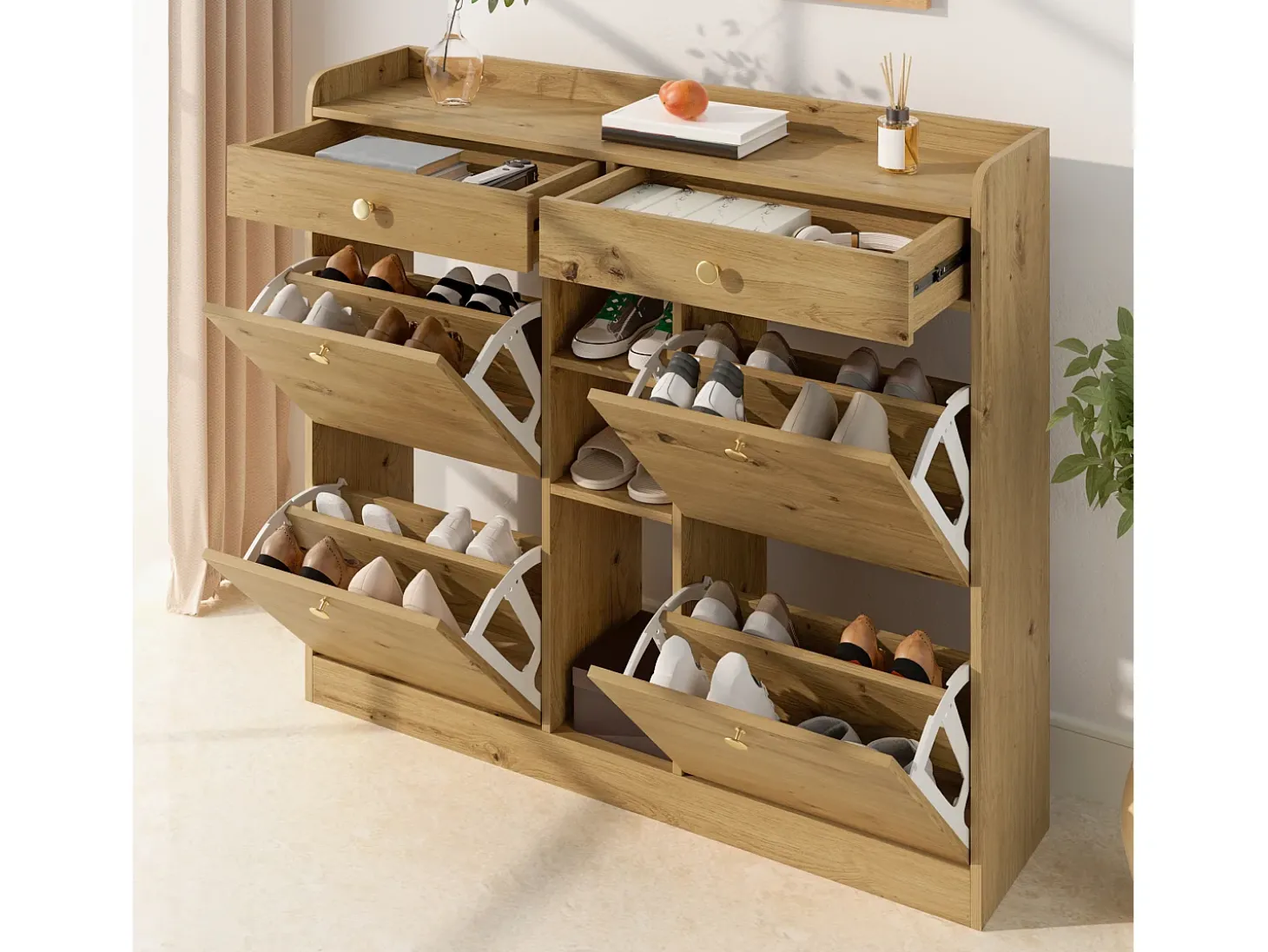 Móvel para sapatos 110x26x100 cm - 4 portas basculantes, 2 gavetas e 3 prateleiras abertas - Painéis de partículas - Natural