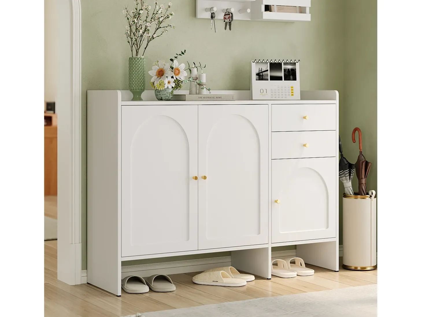 Móvel para sapatos 120x35x90cm - con 3 portas e 2 gavetas - puxador de metal - Branco