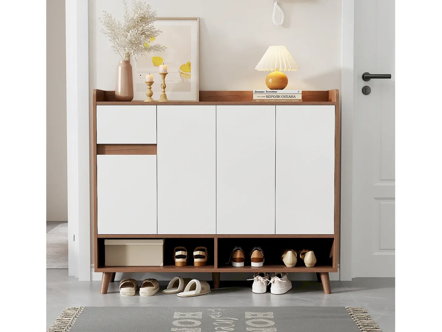Móvel para sapatos 120x35x90cm - con 4 portas e 1 gaveta - prateleira ajustável - Natural + Branco