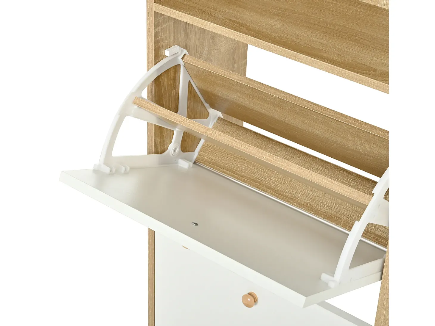 Móvel para sapatos 90x24x104,5cm - con 4 portas basculantes - con prateleiras abertas - Branco + Natural