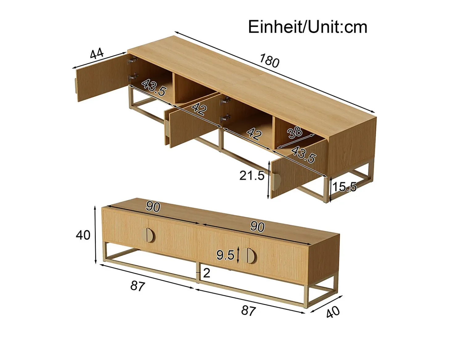 Móvel para televisão em madeira de 180 cm - Móvel moderno para sala de jantar, 4 portas, puxadores semi-circulares