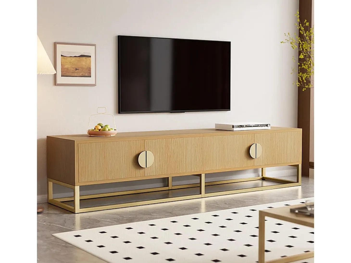 Móvel para televisão em madeira de 180 cm - Móvel moderno para sala de jantar, 4 portas, puxadores semi-circulares
