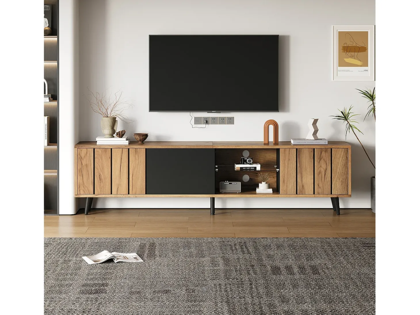 Móvel para TV 175×31,5×45 cm - 3 portas - Adequado para TV de 75 polegadas - natural + preto