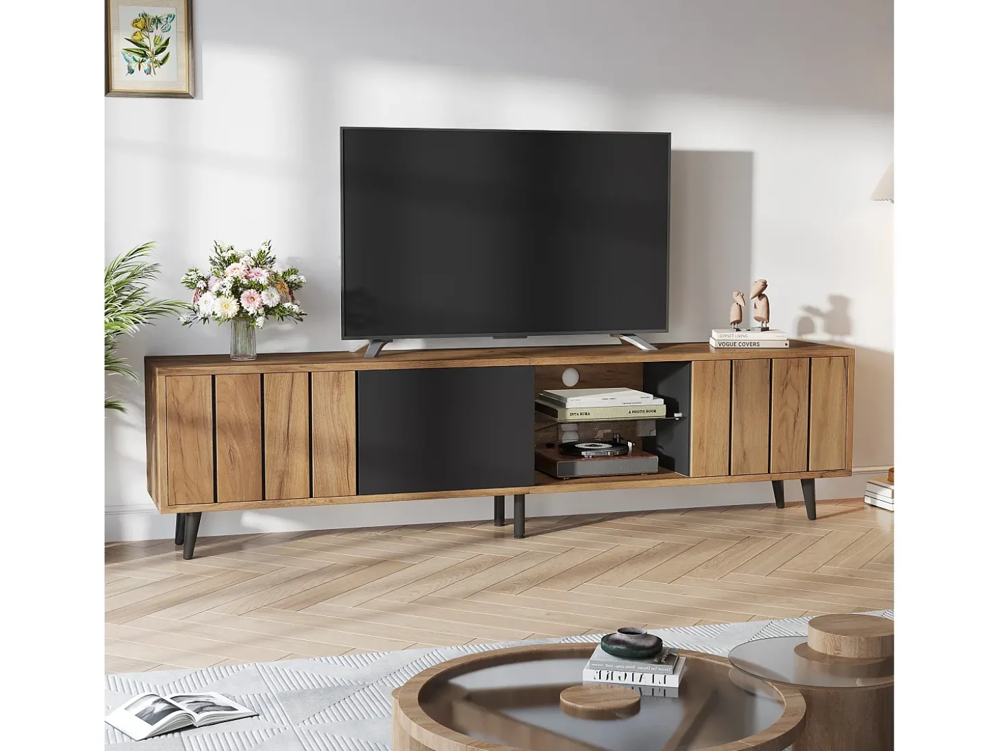 Móvel para TV 175×31,5×45 cm - 3 portas - Adequado para TV de 75 polegadas - natural + preto