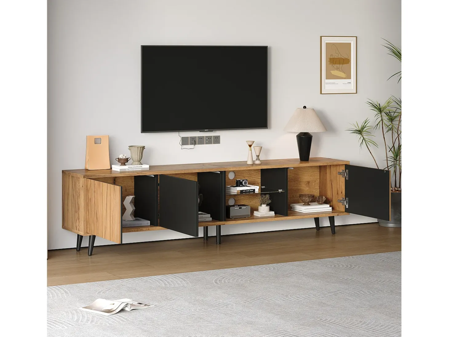 Móvel para TV 175×31,5×45 cm - 3 portas - Adequado para TV de 75 polegadas - natural + preto