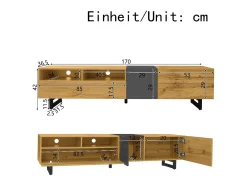 Móvel para TV 170×36,5×42 cm - 3 portas - 2 compartimentos de armazenamento - Pés em metal em U - Acabamento madeirado - Natural