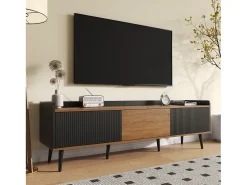 Móvel para TV 160×39×49,5 cm - com 3 portas - acabamento madeirado - pés de madeira maciça - MDF + painel de partículas - preto e natural