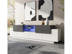 Móvel para TV 180×40×45 cm - com iluminação LED - com 2 gavetas e 4 portas - para TVs de 80/75/70/65/55 polegadas - branco/cinza