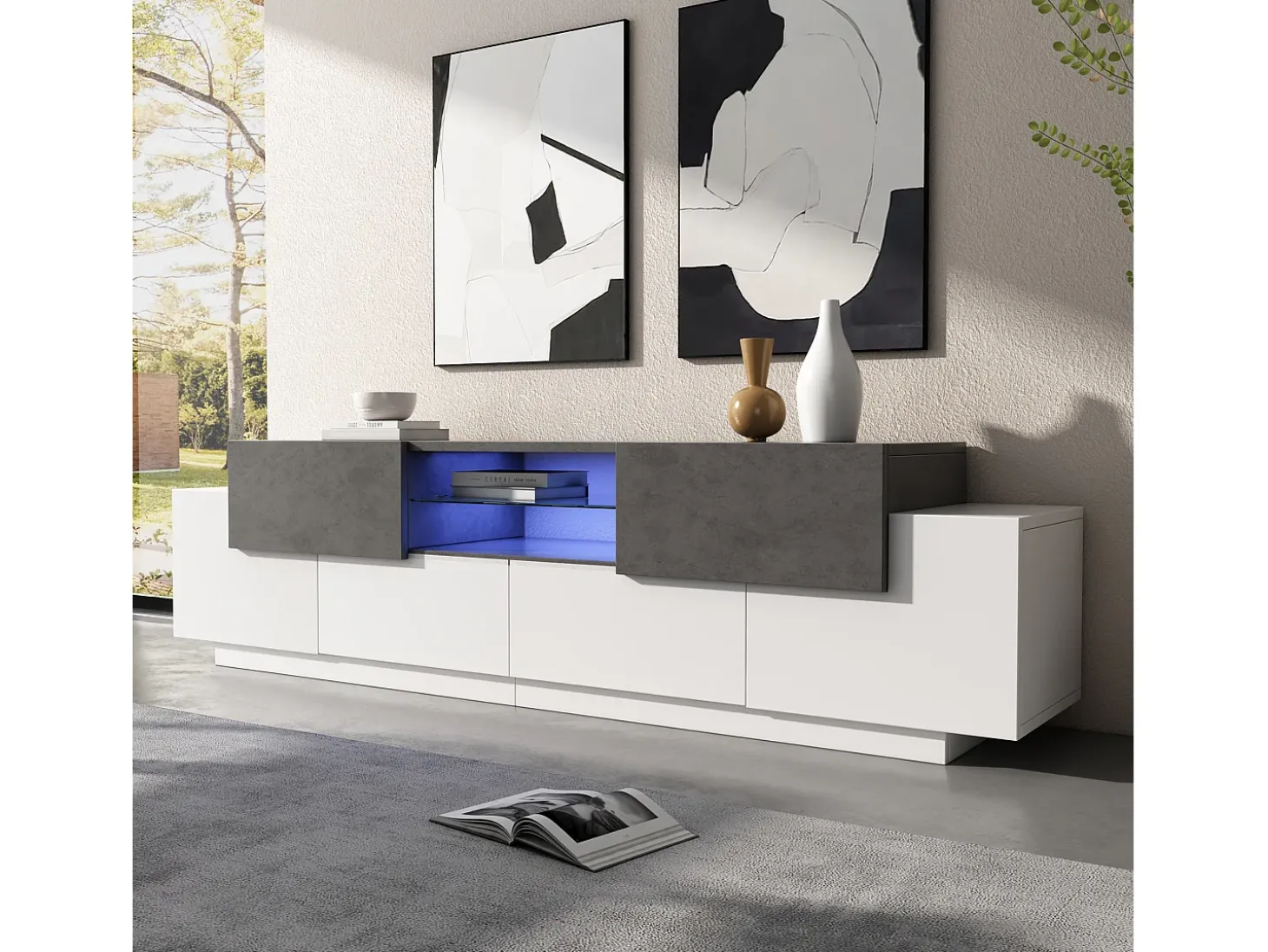 Móvel para TV 180×40×45 cm - com iluminação LED - com 2 gavetas e 4 portas - para TVs de 80/75/70/65/55 polegadas - branco/cinza