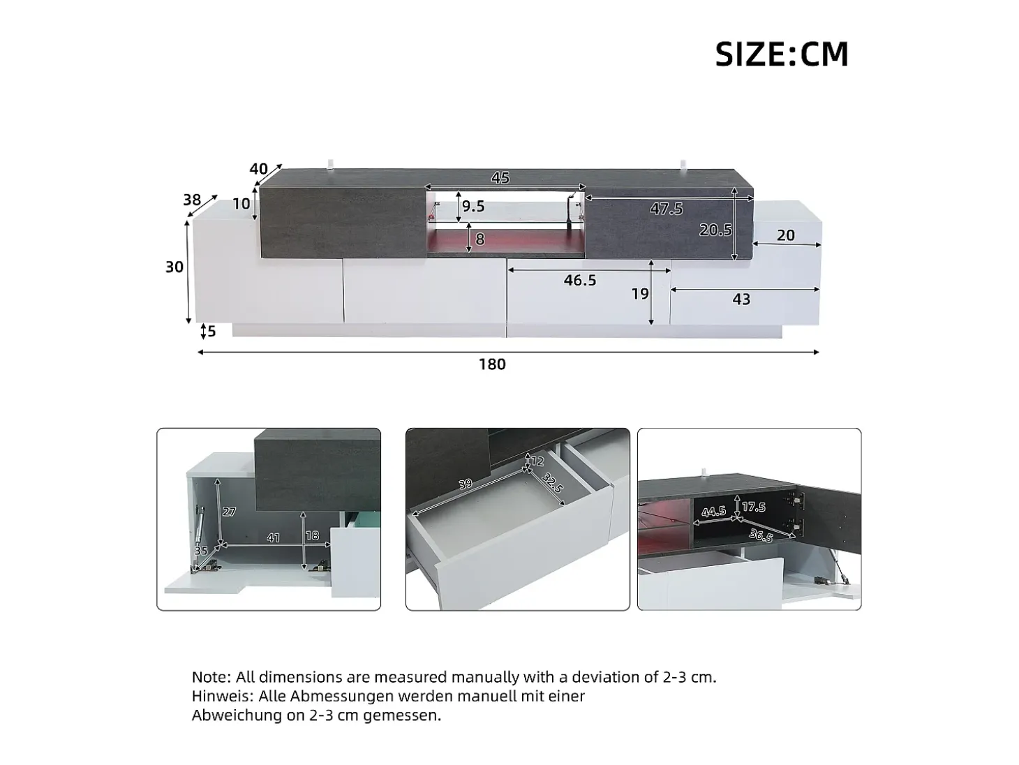 Móvel para TV 180×40×45 cm - com iluminação LED - com 2 gavetas e 4 portas - para TVs de 80/75/70/65/55 polegadas - branco/cinza