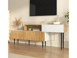 Móvel para TV 220×30×63,4 cm - design em dois módulos - acabamento madeirado - branco + natural