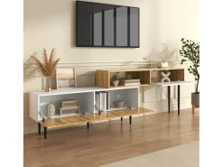 Móvel para TV 220×30×63,4 cm - design em dois módulos - acabamento madeirado - branco + natural