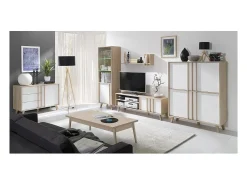 Móvel para TV - HIFI estilo escandinavo coleção MALMO. Cor Carvalho Sonoma e branco fosco.