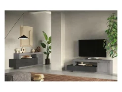 Móvel para TV 1 porta 2 gavetas DOMI. Acabamento cor concreto e cinza antracite