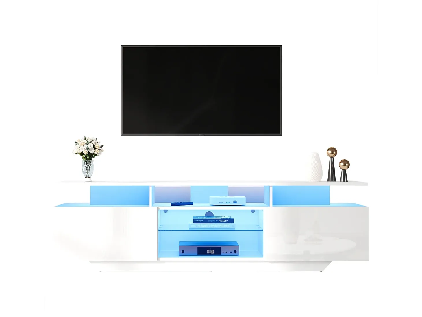Móvel para TV alto brilho 160x40x45cm - com 2 portas e 8 prateleiras - com iluminação LED - MDF - Branco