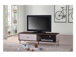 Móvel para TV BODRUM 120 cm com uma porta de correr nas cores nogueira e branco.