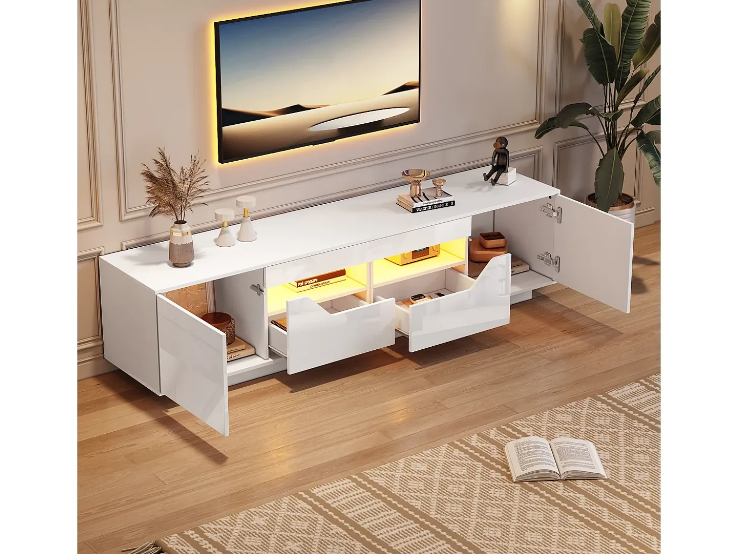 Móvel para TV branco, 180 x 40 x 45 cm - 2 gavetas e 2 portas - Acabamento lacado brilhante
