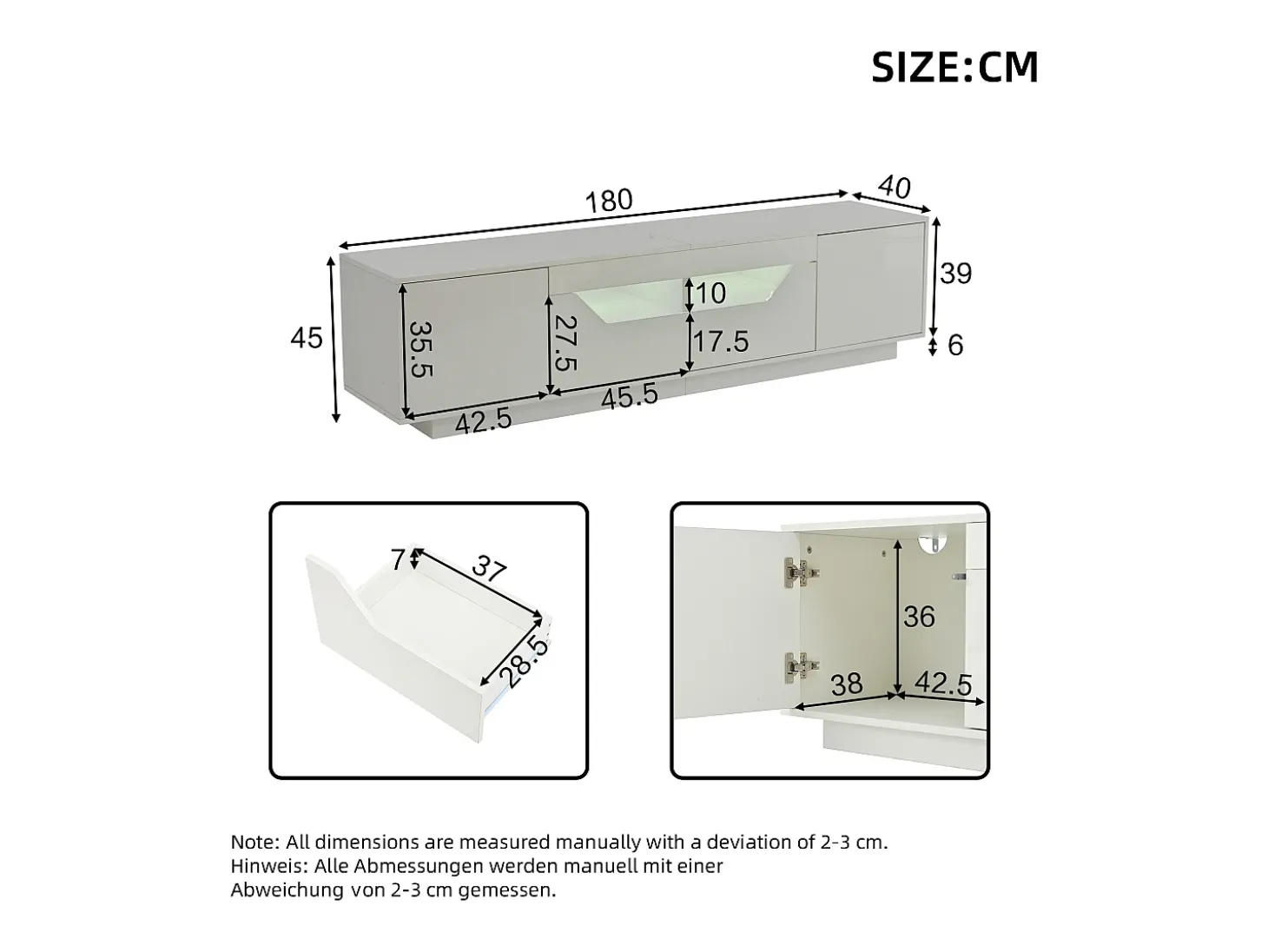 Móvel para TV branco, 180 x 40 x 45 cm - 2 gavetas e 2 portas - Acabamento lacado brilhante