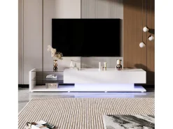 Móvel para TV branco brilhante com iluminação LED, 2 gavetas e 2 prateleiras em vidro - Madeira PB