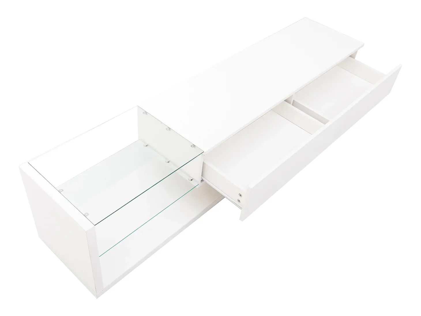 Móvel para TV branco brilhante com iluminação LED, 2 gavetas e 2 prateleiras em vidro - Madeira PB