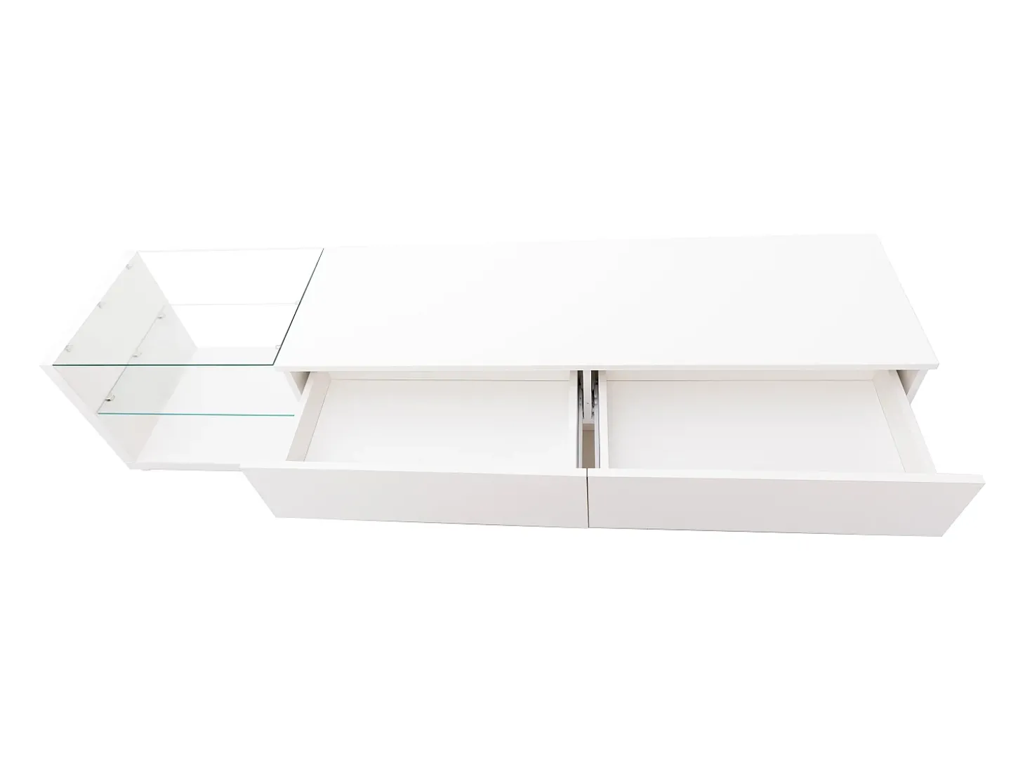 Móvel para TV branco brilhante com iluminação LED, 2 gavetas e 2 prateleiras em vidro - Madeira PB